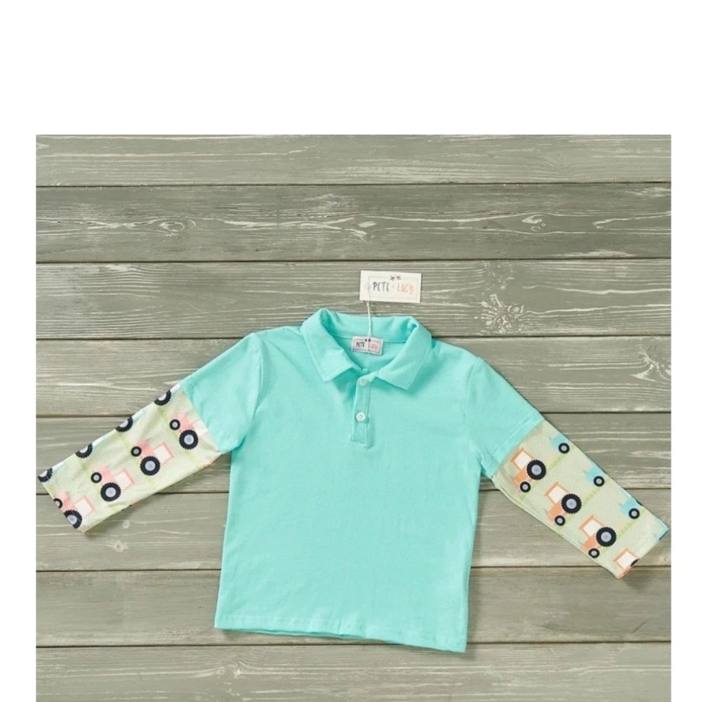 Blue Polo Shirt with Playful Patterned Sleeves - Picture 1 of 1